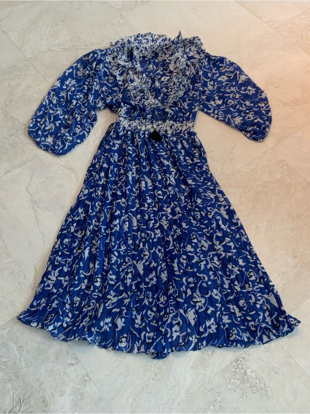 Retro 80’s Blue/ White Floral Ruffle-Trim Midi Pleated Dress Sz Large - Picture 4 of 6